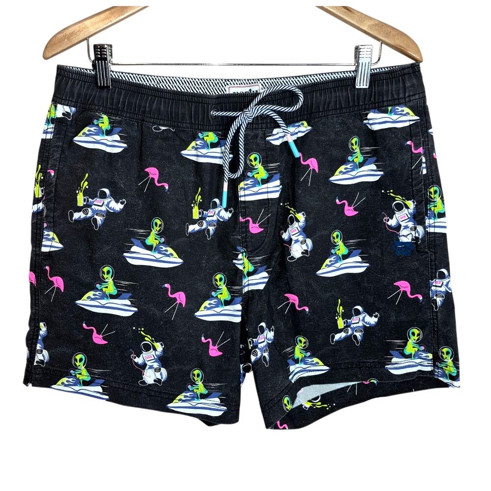 Party Pants Men's Shorty Swim Shorts Non-Lined Black Intergalactic with Neon LG